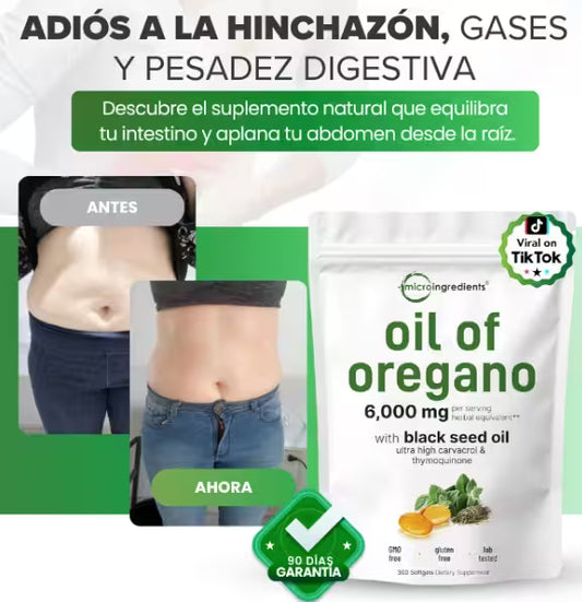 Con Oil of Oregano + Black Seed 🛡️Dile adiós a la hinchazón y luce un abdomen plano naturalmente! 😍🌿